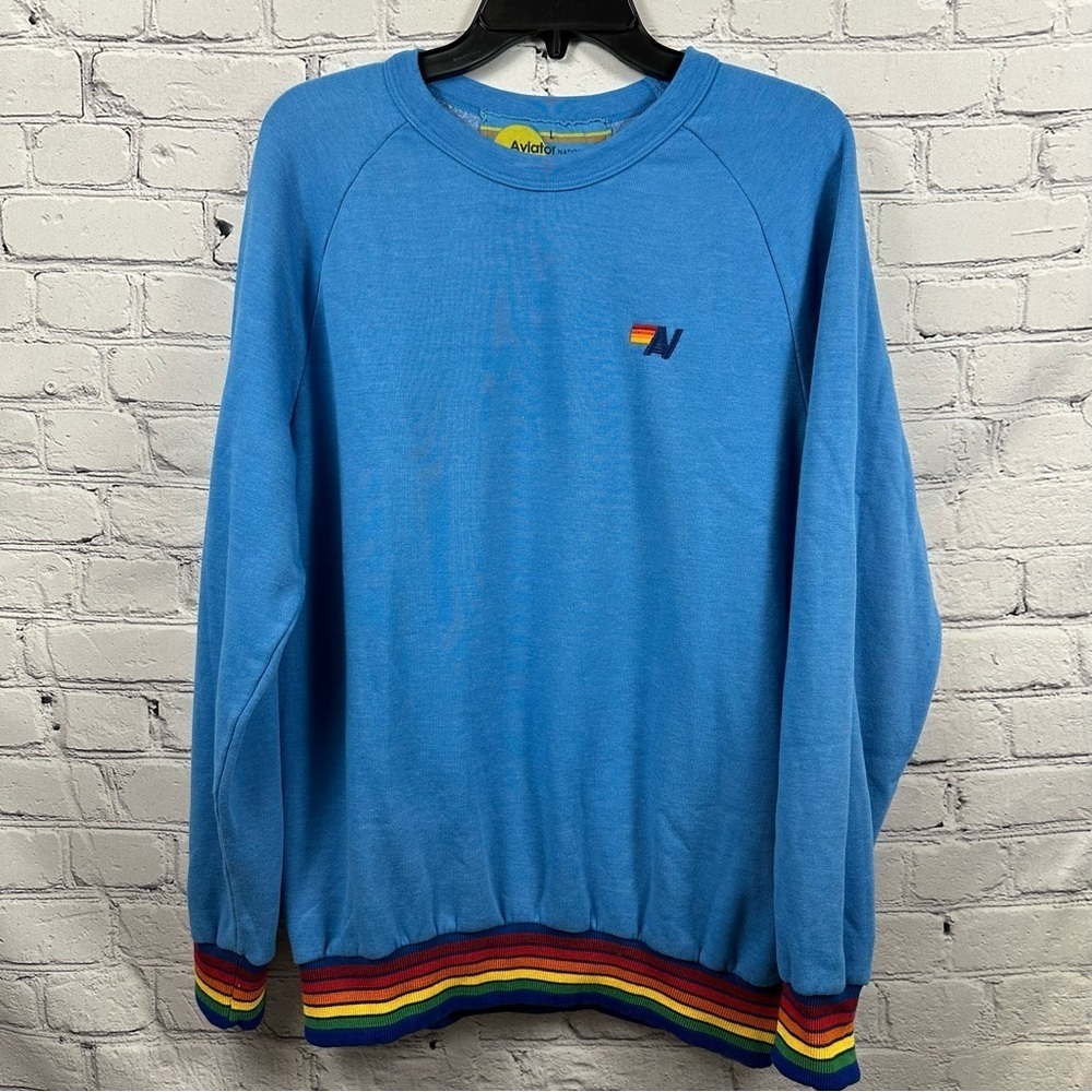 Aviator Nation Crewneck Rainbow Rib Sweatshirt Broken-In Cotton Blend Sky Blue L